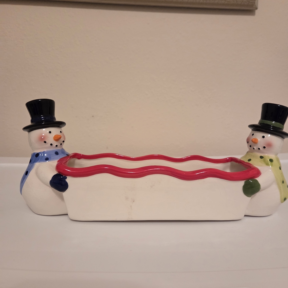 Vintage Festive Snowman Holiday Dish - Red and White
